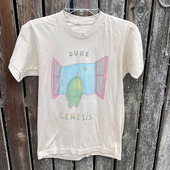 80s Genesis Duke T-shirt Single Stitch Tan M Band Tee Shirt Flawed Koechlin VTG - Picture 1 of 15